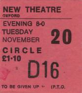 Ticket stub - Queen live at the New Theatre, Oxford, UK [20.11.1973]