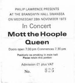Ticket stub - Queen live at the Brangwyn Hall, Swansea, UK [28.11.1973]