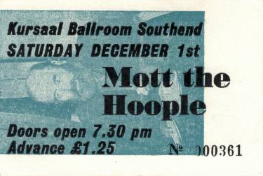 Ticket stub - Brian May + Roger Taylor + Freddie Mercury live at the Kursaal, Southend, UK (with Mott The Hoople) [01.12.1973]