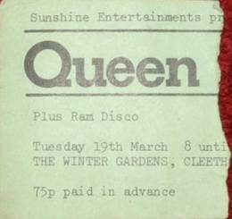 Ticket stub - Queen live at the Winter Gardens, Cleethorpes, UK [19.03.1974]