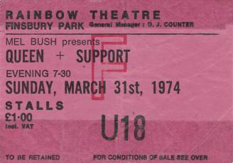 Ticket stub - Queen live at the Rainbow Theatre, London, UK [31.03.1974]