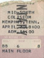 Ticket stub - Queen live at the Mid South Coliseum, Memphis, TN, USA [20.04.1974]