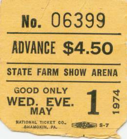 Ticket stub - Queen live at the Farm Arena, Harrisburg, PA, USA [01.05.1974]