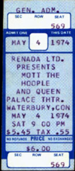 Ticket stub - Queen live at the Palace Theatre, Waterbury, CT, USA [04.05.1974]