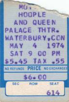 Ticket stub - Queen live at the Palace Theatre, Waterbury, CT, USA [04.05.1974]