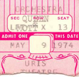 Ticket stub - Queen live at the Uris Theatre, New York, NY, USA [09.05.1974]