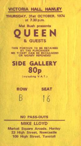 Ticket stub - Queen live at the Victoria Hall, Hanley, UK [31.10.1974]
