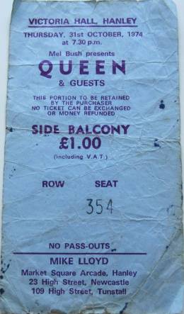 Ticket stub - Queen live at the Victoria Hall, Hanley, UK [31.10.1974]