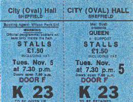 Ticket stub - Queen live at the City Hall, Sheffield, UK [05.11.1974]