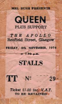 Ticket stub - Queen live at the Apollo Theatre, Glasgow, UK [08.11.1974]