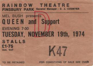 Ticket stub - Queen live at the Rainbow Theatre, London, UK [19.11.1974]