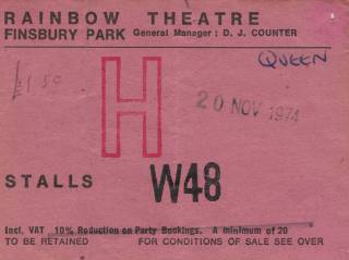 Ticket stub - Queen live at the Rainbow Theatre, London, UK [20.11.1974]
