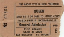 Ticket stub - Queen live at the Agora, Columbus, OH, USA [05.02.1975]