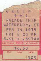 Ticket stub - Queen live at the Palace Theatre, Waterbury, CT, USA [14.02.1975]