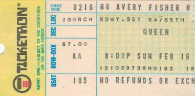 Ticket stub - Queen live at the Avery Fisher Hall, New York, NY, USA (1st gig) [16.02.1975]
