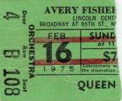 Ticket stub - Queen live at the Avery Fisher Hall, New York, NY, USA (2nd gig) [16.02.1975 (2nd gig)]