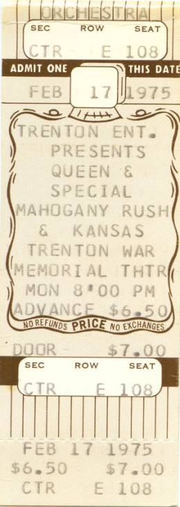 Ticket stub - Queen live at the War Memorial, Trenton, NJ, USA [17.02.1975]