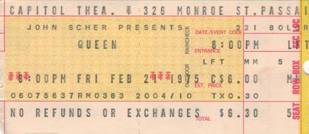 Ticket stub - Queen live at the Capital Theater, Passaic, NJ, USA [21.02.1975]