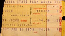 Ticket stub - Queen live at the Farm Arena, Harrisburg, PA, USA [22.02.1975]
