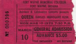 Ticket stub - Queen live at the Coliseum, Fort Wayne, IN, USA [10.03.1975]