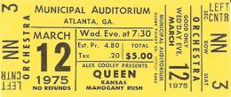 Ticket stub - Queen live at the Municipal Auditorium, Atlanta, GA, USA [12.03.1975]