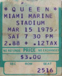 Ticket stub - Queen live at the Marine Stadium, Miami, FL, USA [17.03.1975]