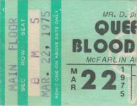 Ticket stub - Queen live at the McFarlin Auditorium, Dallas, TX, USA [22.03.1975]