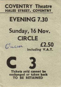 Ticket stub - Queen live at the Theatre, Coventry, UK [16.11.1975]