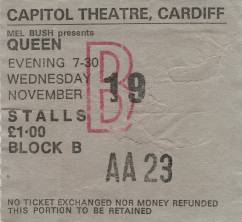 Ticket stub - Queen live at the Capitol, Cardiff, UK [19.11.1975]