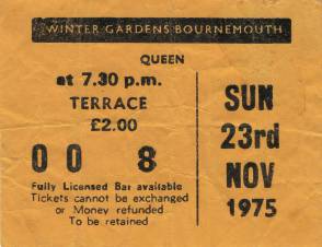 Ticket stub - Queen live at the Winter Gardens, Bournemouth, UK [23.11.1975]