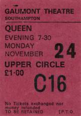 Ticket stub - Queen live at the Gaumont, Southampton, UK [24.11.1975]