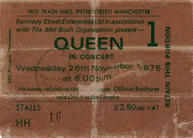 Ticket stub - Queen live at the Free Trade Hall, Manchester, UK (1st gig) [26.11.1975]