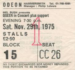 Ticket stub - Queen live at the Hammersmith Odeon, London, UK [29.11.1975]