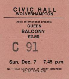 Ticket stub - Queen live at the Civic Hall, Wolverhampton, UK [07.12.1975]