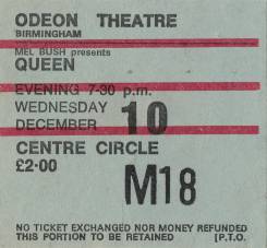 Ticket stub - Queen live at the Odeon, Birmingham, UK [10.12.1975]