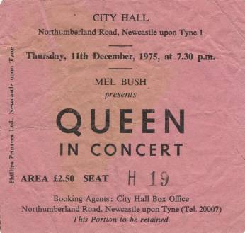 Ticket stub - Queen live at the City Hall, Newcastle, UK [11.12.1975]