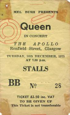 Ticket stub - Queen live at the Apollo Theatre, Glasgow, UK [16.12.1975]
