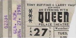 Ticket stub - Queen live at the Palace Theatre, Waterbury, CT, USA [27.01.1976]