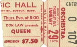 Ticket stub - Queen live at the Music Hall, Boston, MA, USA [29.01.1976]
