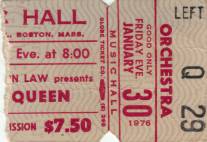 Ticket stub - Queen live at the Music Hall, Boston, MA, USA [30.01.1976]