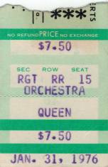 Ticket stub - Queen live at the Tower Theatre, Philadelphia, PA, USA [31.01.1976]