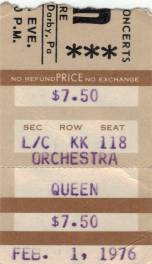 Ticket stub - Queen live at the Tower Theatre, Philadelphia, PA, USA [01.02.1976]