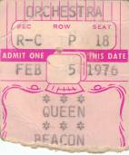 Ticket stub - Queen live at the Beacon Theatre, New York, NY, USA [05.02.1976]
