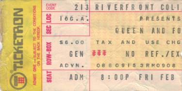 Ticket stub - Queen live at the Riverfront Coliseum, Cincinnati, OH, USA [13.02.1976]