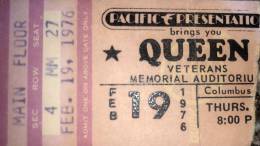 Ticket stub - Queen live at the Veterans Memorial Auditorium, Columbus, OH, USA [19.02.1976]