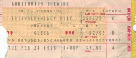 Ticket stub - Queen live at the Auditorium Theater, Chicago, IL, USA [24.02.1976]