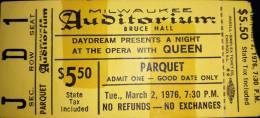 Ticket stub - Queen live at the Auditorium, Milwaukee, WI, USA [02.03.1976]