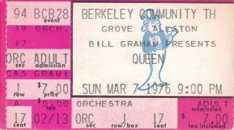 Ticket stub - Queen live at the Berkeley Community Theatre, Berkeley, CA, USA [07.03.1976]