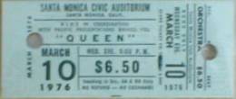 Ticket stub - Queen live at the Santa Monica Civic Auditorium, Santa Monica, CA, USA [10.03.1976]