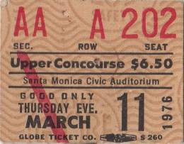 Ticket stub - Queen live at the Santa Monica Civic Auditorium, Santa Monica, CA, USA [11.03.1976]